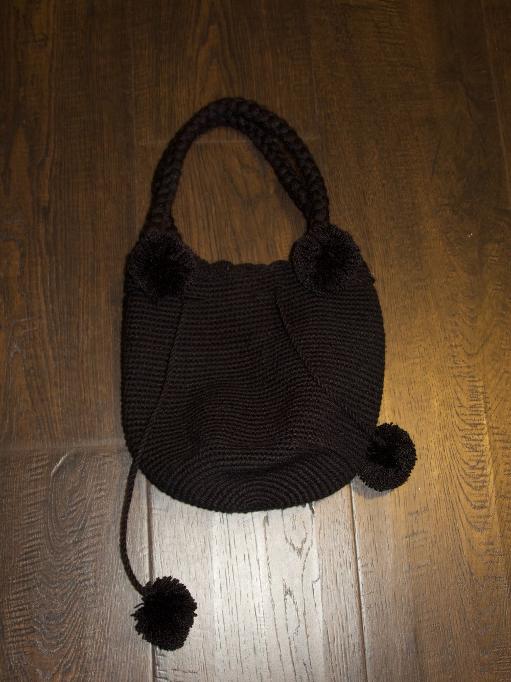Black Pom-Pom Knit Shoulder Bag - Women's Handbag